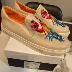 Kurt Geiger Cream Slip-On Sneakers with Multicolor Embroidery